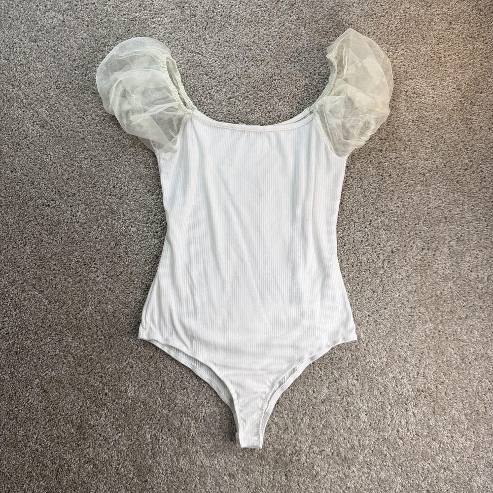 Altar'd State Puff Sleeve Bodysuit Womens M White Mesh Ruffle Knit One Piece
